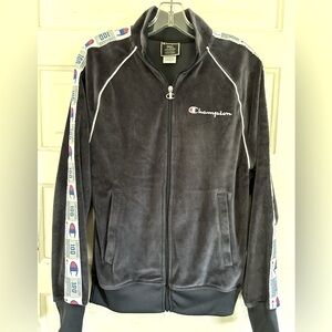 Champion Navy Velour Spell Out Down Arm, Full Zip Men's Track Jacket. Size Small
